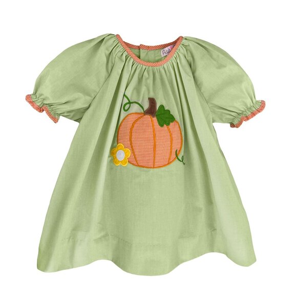 Petit Ami Green Orange Check Pumpkin Applique Dress Set 6 Months - Picture 2 of 5